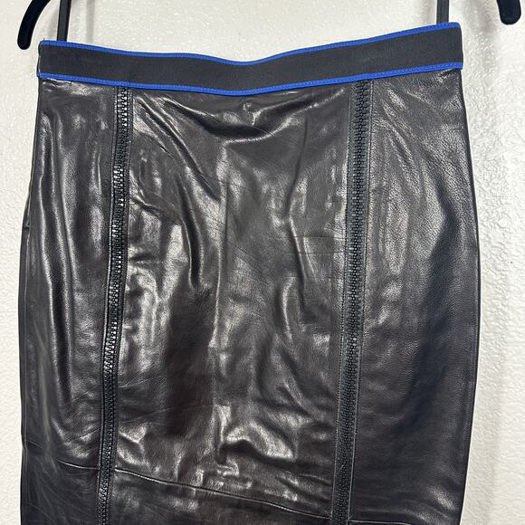 Miu Miu Black Leather Pencil Skirt 38 Blue Trim Italy Genuine Designer Midi Y2K - Picture 9 of 14